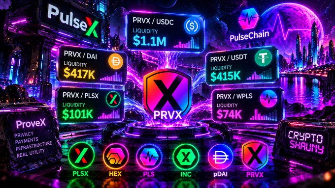 A vibrant neon-style promotional graphic for PRVX (ProveX) showing liquidity pairs across PulseChain including PRVX/USDC ($1.1M), PRVX/DAI ($417K), PRVX/USDT ($415K), PRVX/PLSX ($101K), and PRVX/WPLS ($74K).