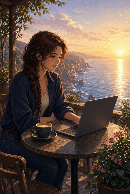 An illustrated scene of a woman with braided hair working on a laptop at a seaside café during a sunset, with a coffee cup on the table.