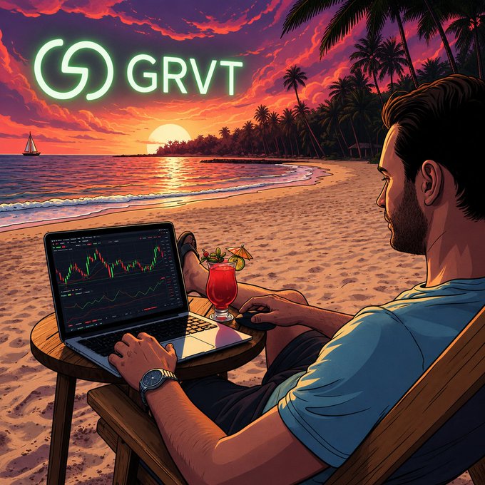 An illustrated scene shows a man relaxing on a tropical beach at sunset, trading cryptocurrency on a laptop with charts displayed, under the glowing 'GRVT' logo.