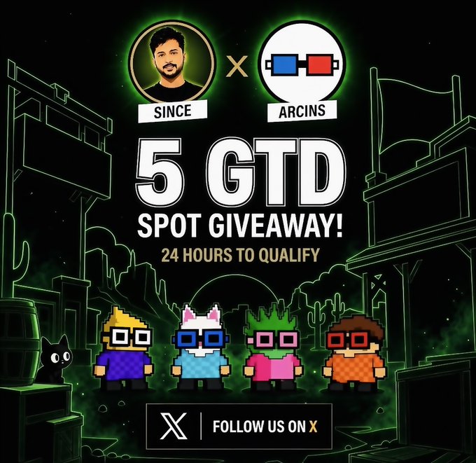 A promotional graphic announces a '5 GTD SPOT GIVEAWAY!' with '24 HOURS TO QUALIFY', sponsored by 'SINCE' and 'ARCINS', featuring pixel-art characters in a Wild West town setting with a 'FOLLOW US ON X' banner.