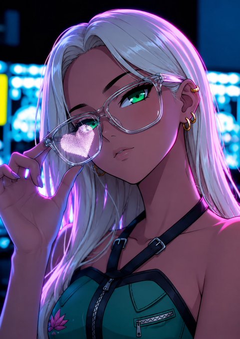 A digital anime-style illustration of a woman with long white hair, green eyes, and clear glasses, wearing a green top and adjusting her glasses with her finger.