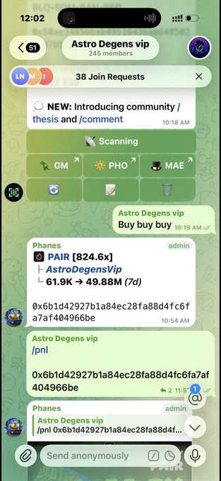 A Telegram chat screenshot from the "Astro Degens vip" group (245 members) showing 38 join requests, with messages highlighting a 852.9x gain on $PAIR, jumping from $61.9K to $49.88M market cap in 7 days, reinforcing the post's claim of early discovery.