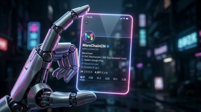 A robotic hand holds a smartphone displaying the "MarsChainCN" profile page (with 4,357 followers) against a cyberpunk city backdrop with neon signs.