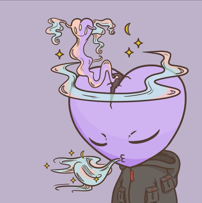 A surreal digital illustration depicts a purple alien-like character with a cracked, cup-shaped head containing colorful smoke and a small figure, wearing a dark tactical vest, with a crescent moon in the background.