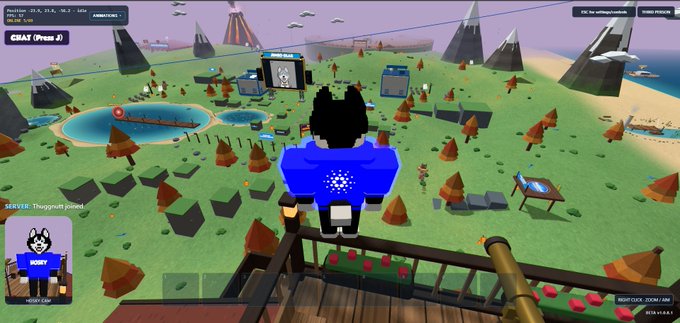 A Roblox-style game scene shows a blocky avatar on a high platform overlooking a green map with trees, buildings, water, and UI text including “CHAT (Press J).”
