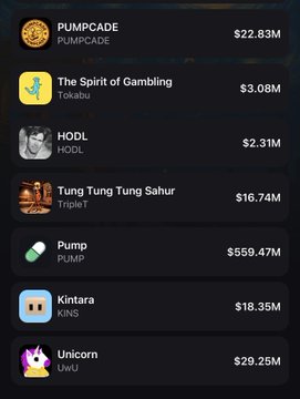 A leaderboard displays meme coin performances with values such as PUMPCADE at $22.83M, The Spirit of Gambling at $3.08M, HODL at $2.31M, Tung Tung Tung Sahur (TripleT) at $16.74M, Pump (PUMP) at $559.47M, Kintara (KINS) at $18.35M, and Unicorn (UwU) at $29.25M, highlighting top performers like KINS and TripleT alongside notable discounts for tokens like PUMPCADE and UwU.