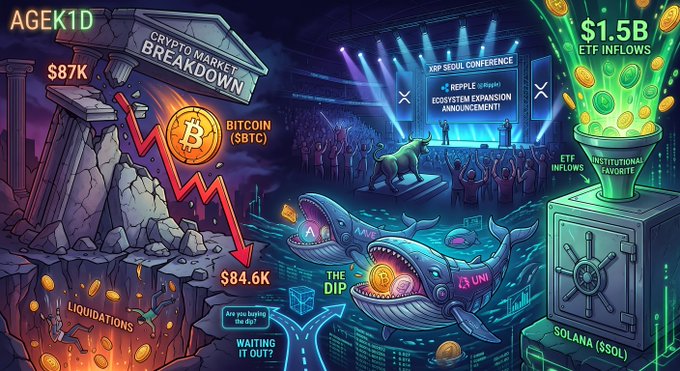 A complex digital illustration depicts a crypto market downturn with crashing Bitcoin and liquidations on one end, contrasted with XRP announcements, ETF inflows, and Solana on the other.