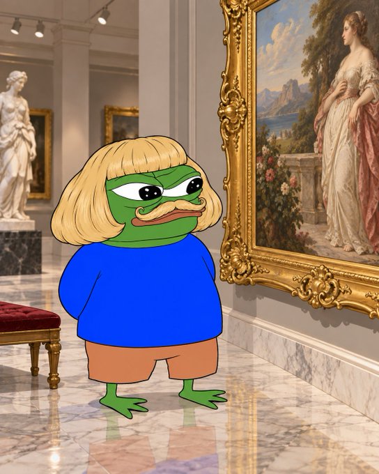 A cartoon green frog character with a blonde bob haircut, mustache, blue top, and brown shorts stands in an art gallery next to a large framed classical portrait painting.