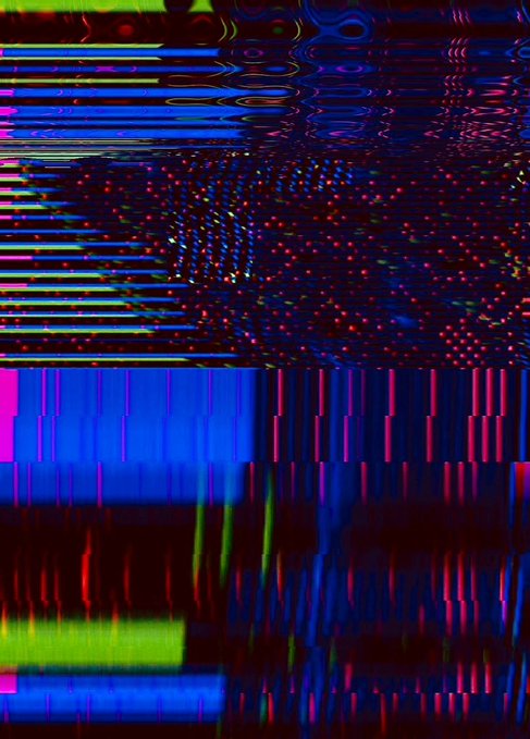 An abstract, digital glitch-art image featuring distorted horizontal lines of blue, magenta, green, and red.