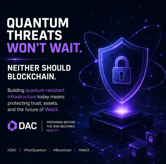 The image is a dark purple and blue digital graphic featuring a glowing 3D shield with a padlock at its center, surrounded by orbiting atomic-style rings, sitting atop a tech grid with smaller padlock cubes at the base. The bold text reads "QUANTUM THREATS WON'T WAIT. NEITHER SHOULD BLOCKCHAIN," alongside the DAC logo and the tagline "PREPARING BEFORE THE RISK BECOMES REALITY." It visually reinforces the post's message about DAC building quantum-resistant infrastructure to secure the future of Web3, with hashtags #DAC, #PostQuantum, #Blockchain, and #Web3 displayed at the bottom.