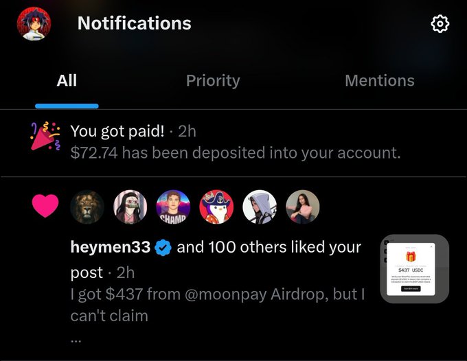 A Twitter notifications screen shows "You got paid! $72.74 has been deposited into your account" along with likes from "heymen33" and 100 others on a post about receiving $437 from a @moonpay Airdrop, supporting the caption's claim of earning $72 through posting on X.