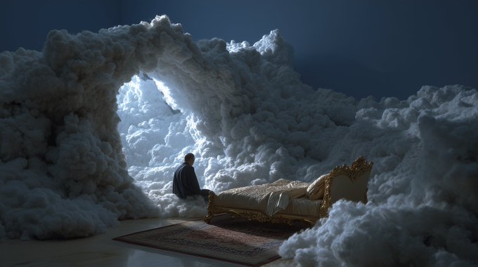 A person sits contemplatively before a luminous opening in a vast cloud formation, with an ornate golden bed placed on a patterned rug nearby, evoking a dreamlike, surreal atmosphere. The artwork, titled "The Cloud Chamber," captures a scene of introspective stillness amid an otherworldly sky sanctuary.