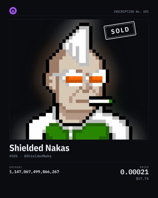 A pixel art NFT-style listing titled "Shielded Nakas" (#101, @ShieldedNaka) marked as "SOLD," showing a character with a mohawk and orange sunglasses, priced at 0.00021 ($17.74).