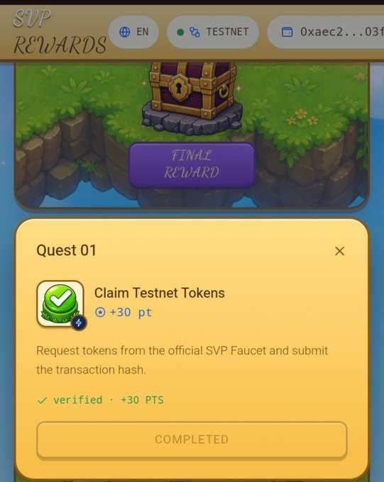 Mobile screenshot of an "SVP REWARDS" interface on testnet showing a "FINAL REWARD" treasure chest and a completed "Quest 01: Claim Testnet Tokens" worth +30 pts.