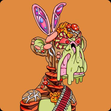 A cartoonish illustration of a monstrous figure featuring large pink and purple butterfly-like ears, green dripping slime covering its face, and a body composed of various foods including tomatoes, bread, and meat, set against a solid orange background.