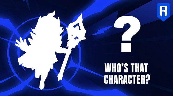A silhouette of a character holding a staff is featured next to a large question mark, with the text "WHO'S THAT CHARACTER?" superimposed. This visual directly complements the post's question, encouraging viewers to identify the character.