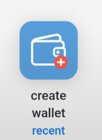 A mobile app icon for "create wallet" featuring a white wallet symbol on a blue background with a red plus sign, labeled as "recent".