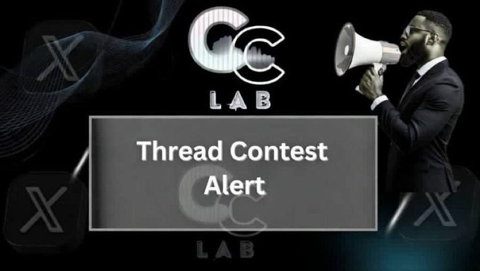 A graphic announcing a "Thread Contest Alert" with the "CC LAB" logo and an image of a man in a suit shouting into a megaphone on a black background, promoting a contest by Apyx about Digital Credit in onchain finance with a 2,000 USDC prize pool.