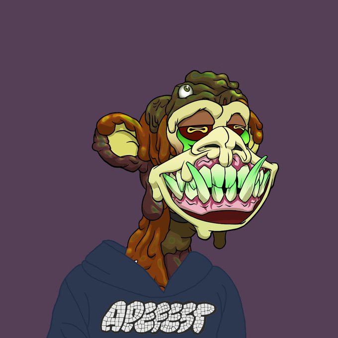 The image shows a cartoonish Bored Ape-style character with a wide, toothy grin, an extra eye on its forehead, and wearing a hoodie that displays the text "APEFEST." This relates to the post as it visually references the speculative nature of the ApeFest event, which the poster is still curious about despite giving up on guessing when and where it will take place.