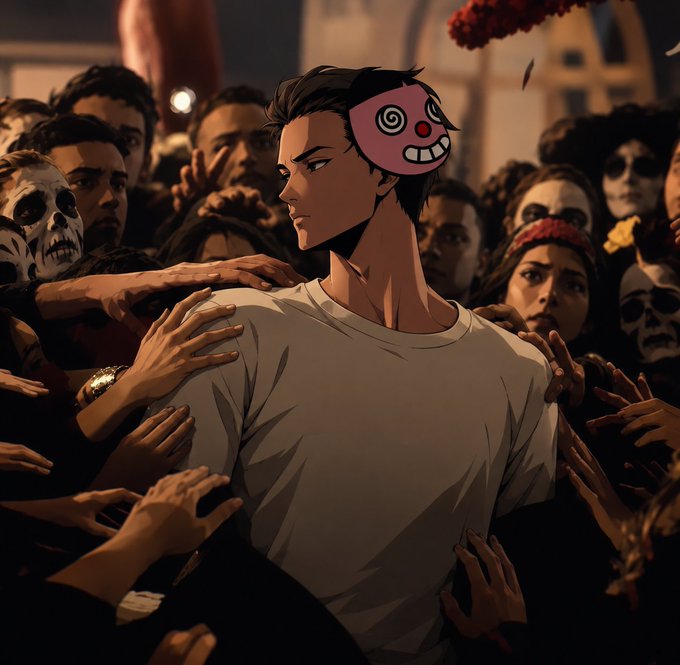 An anime-style illustration depicts a young man with a pink clown mask worn on his head, standing confidently amidst a crowd of people with skull-painted faces reaching out to him.