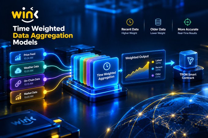 A promotional graphic for 'Wink' titled 'Time Weighted Data Aggregation Models' showing various data feeds feeding into a smart contract with weighted output percentages.