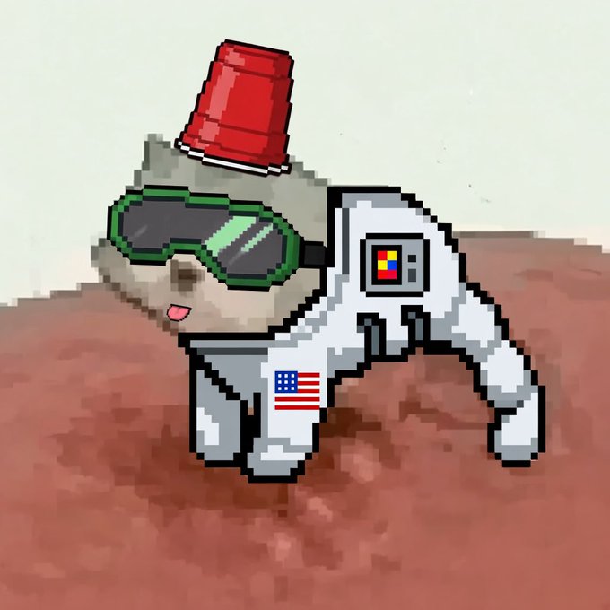 A pixel-art illustration of a fluffy white character with green goggles, an American flag patch, and a red thimble-like hat, standing on what appears to be Mars.