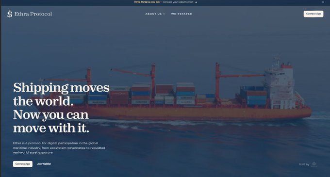 Ethra Protocol website landing page featuring a container ship at sea with the tagline 'Shipping moves the world. Now you can move with it.' and a 'Connect App' button.