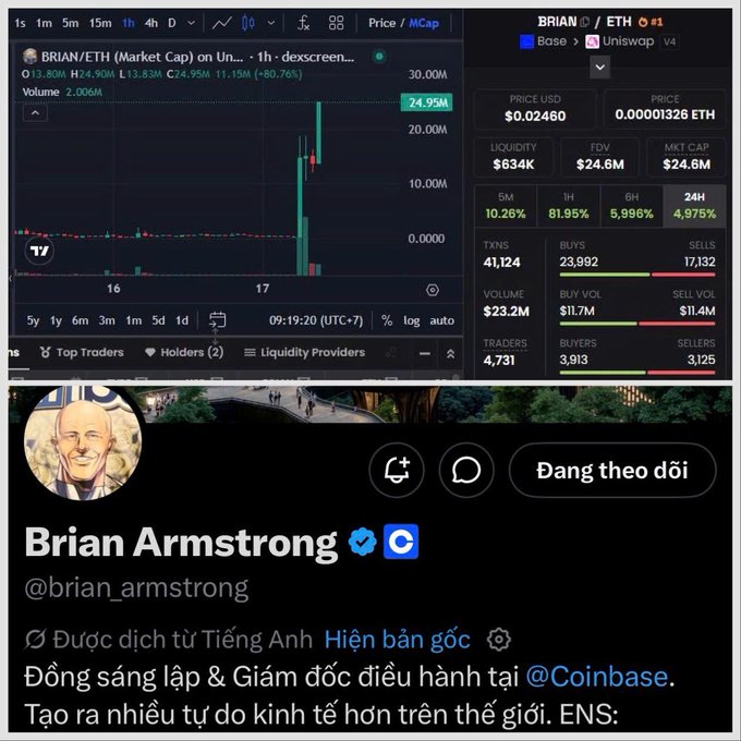 Screenshot showing BRIAN/ETH token trading chart on Dexscreener and Uniswap alongside a Twitter/X profile of Brian Armstrong (@brian_armstrong), founder and CEO of Coinbase, displayed in Vietnamese.