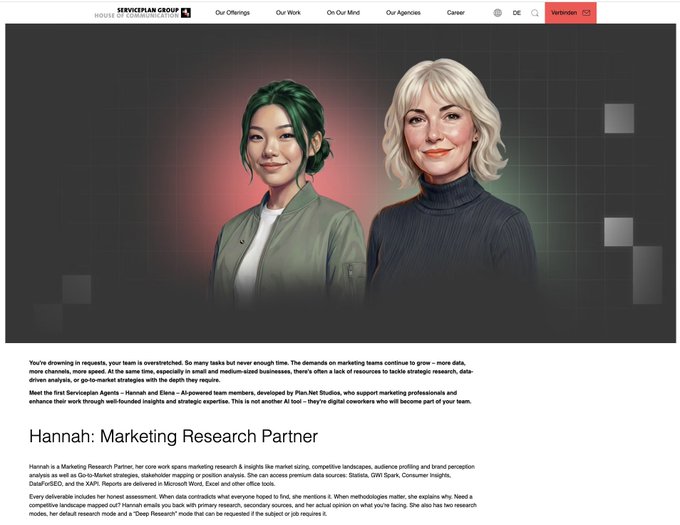 The image features a website with two women, one older and one younger, standing side by side against a black background. The text on the website reads "Well thats great. Except that we + Serviceplan lready launched an Agent called Hanntah running on Cardano many months ago. It's used by many corporates and is kind of our flagship agent." This information suggests that the women are promoting a service or product related to marketing research, possibly highlighting the importance of agents in conducting market research for businesses.