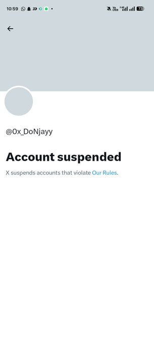 A mobile screenshot of an X (Twitter) account suspension notice stating 'Account suspended' for the handle '@0x_DoNjayy' due to rule violations.