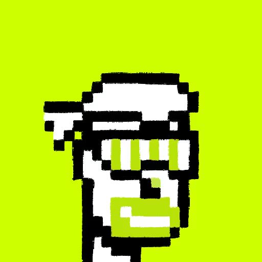 A pixel art character with sunglasses is displayed in black, white, and the same chartreuse green color against a bright lime-green background.