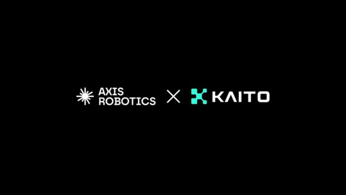 The image displays a promotional graphic featuring the logos of "AXIS ROBOTICS" (with a starburst icon) and "KAITO" (with a teal X-shaped icon) separated by a white "×" symbol on a black background, representing the partnership announcement for the Axis Content Creator Program.