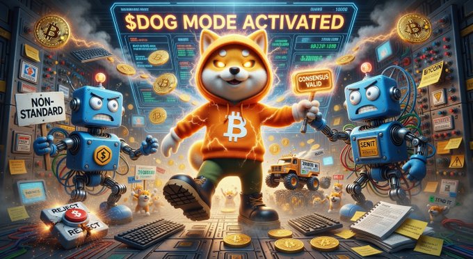 A Shiba Inu character in a Bitcoin hoodie stands triumphantly in a high-tech lair, flanked by two angry blue robots, with the headline "$DOG MODE ACTIVATED" displayed above. The chaotic scene, filled with coins, warning labels like "REJECT" and "NON-STANDARD," and a "CONSENSUS VALID" sign, visually captures the post's energetic declaration that "$DOG mode" is about to ignite.
