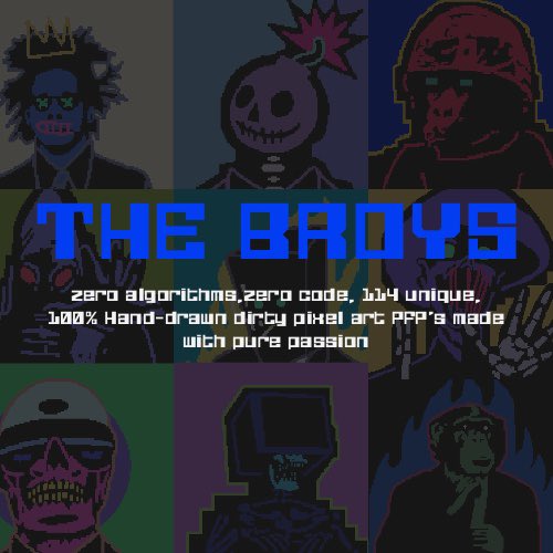 A promotional graphic titled 'THE BROYS' showcases eight unique pixel-art characters and includes the text 'zero algorithms, zero code, 114 unique, 100% Hand-drawn dirty pixel art APP's made with pure passion'.