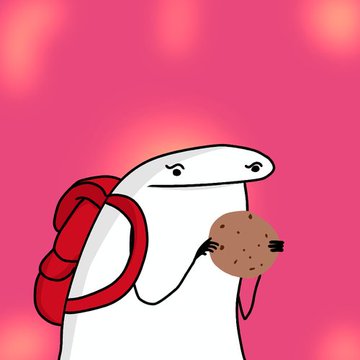 Cartoon illustration of a white snake-like character with a red backpack holding a cookie against a pink background.
