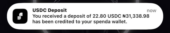 A mobile notification from a fintech app reading 'USDC Deposit' stating 'You received a deposit of 22.80 USDC ₦31,338.98 has been credited to your spendr wallet.'