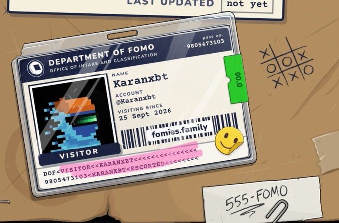 A stylized 'Department of FOMO' visitor ID badge from the 'Office of Intake and Classification' for Karanzxbt, featuring a pixelated avatar and barcode reading 'fomies.family'.