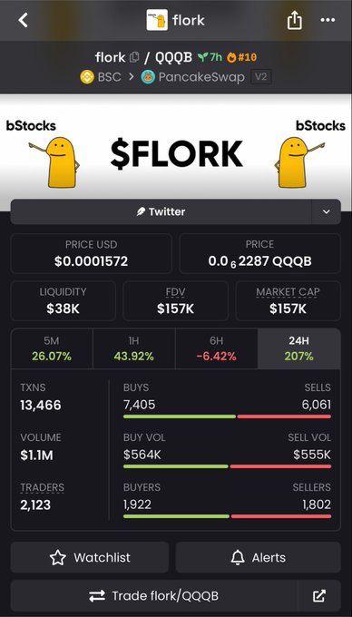 A trading interface displays the token "flork" paired with QQQB on PancakeSwap (V2), showing a price of $0.0001572, liquidity of $38K, market cap of $157K, and a dramatic 207% surge in the 24H timeframe alongside 13,466 transactions. The data supports the post's mention of a risky, rapidly moving entry opportunity similar to "bibi," with the green-dominated buy/sell metrics reflecting the volatile momentum the poster was hesitant to enter early.
