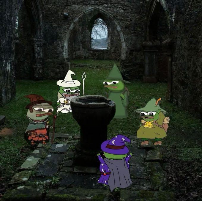 A whimsical illustration featuring Pepe the Frog dressed as various fantasy characters (wizard, druid, mage) standing around a black cauldron in a dark, mossy stone ruin.