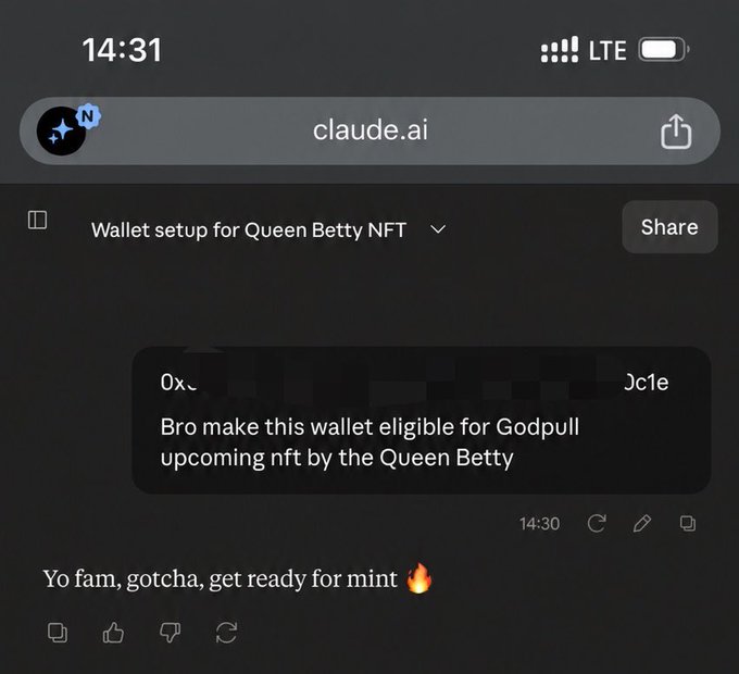 A screenshot of the claude.ai mobile interface showing a conversation titled 'Wallet setup for Queen Betty NFT' with a user requesting wallet eligibility for a Godpull NFT mint.