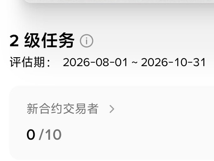 A screenshot showing a Binance referral task screen with "2 级任务" (Level 2 Task), an evaluation period from 2026-08-01 to 2026-10-31, and a "新合约交易者" (New Futures Trader) progress of 0/10—illustrating the poster's frustration about the seemingly unachievable referral requirements that make them feel like giving up on the platform.