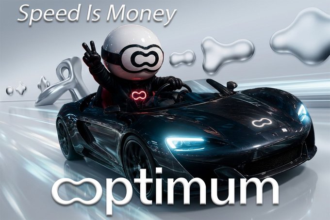 A 3D-rendered character in a white helmet flashes a peace sign while driving a sleek black sports car through a futuristic landscape of silver blobs. The text "Speed Is Money" appears in the top left, with the "optimum" logo prominently displayed at the bottom—visually reinforcing the post's message about Optimum's mission to accelerate data movement across blockchain networks, where faster transactions translate directly to greater value.