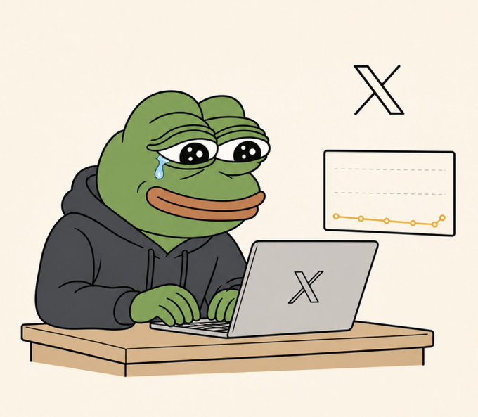 Sad Pepe sits at a laptop with the X (formerly Twitter) logo on the screen and floating above, while a declining engagement graph appears beside him—visually capturing the frustration of struggling with X's Creator Revenue Sharing program. The image humorously illustrates the post's theme of disappointment over low earnings before the September 7 transition from Creator Revenue Sharing to Original Content Rewards.