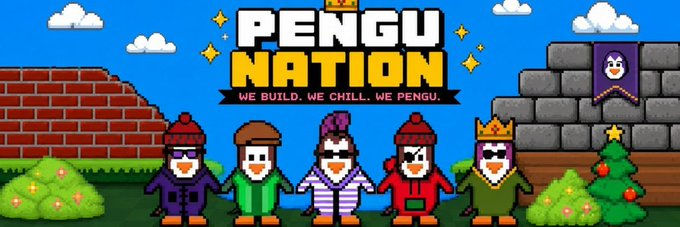 Promotional graphic for 'PENGU NATION' with the tagline 'WE BUILD. WE CHILL. WE PENGU.' featuring five pixel-art penguin characters in various outfits against a brick and stone wall background.