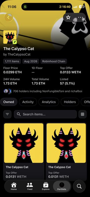 A screenshot of an NFT collection page on Robinhood Chain showing "The Calypso Cat" by TheCalypsoCat, featuring 1,111 items with a floor price of 0.0299 ETH, 1.73 ETH 24H volume, and 706 holders. The image supports the caption by displaying a free-minted Robinhood NFT holding, with two "The Calypso Cat" cards shown under the "Owned" tab at a top offer of 0.0131 ETH each.