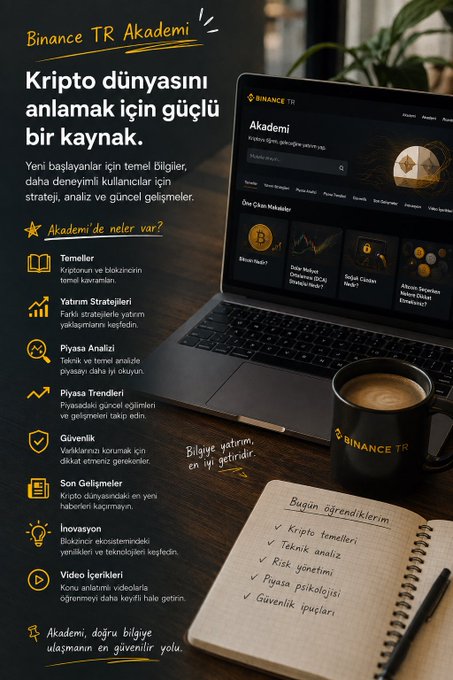 A promotional graphic for "Binance TR Akademi" showcases a laptop displaying the crypto education platform alongside a notebook and coffee mug, with Turkish text listing features like basic topics, investment strategies, technical analysis, market trends, security, and innovation. The image visually supports the post's message by illustrating how Binance Academy serves as a reliable, comprehensive resource for navigating the often overwhelming and scattered crypto information landscape.