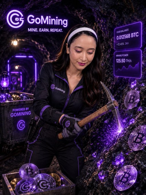 A promotional image for GoMining showing an Asian woman in a black and purple mining uniform holding a pickaxe in a purple-lit mine, with stats displaying 'YOUR BALANCE 0.012568 BTC (+12.45% 24H)' and 'MINING POWER 125.50 TH/s'.