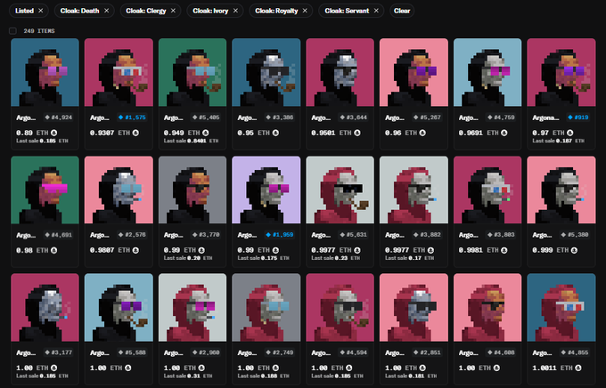 A marketplace display showing 249 Argonauts Cloak NFTs with floor prices ranging from 0.89 ETH to 1.0811 ETH across various types (Death, Clergy, Ivory, Royalty, Servant), supporting the tweet's updates on rising cloak floor prices including Death at .89 ETH, Clergy at .997 ETH, and Royalty at 1.75 ETH.