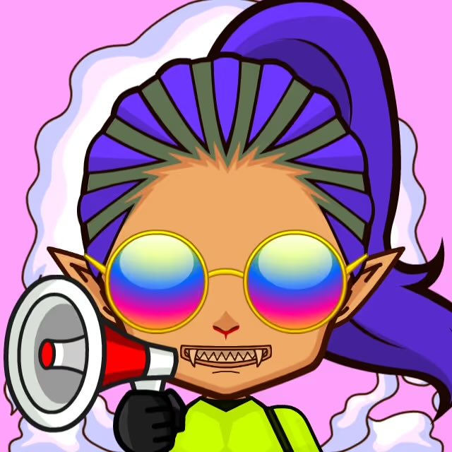 A cartoon character with purple hair, pointed ears, and large rainbow-tinted round sunglasses holds a megaphone, baring sharp teeth against a pink background.