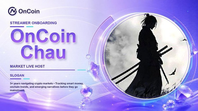 OnCoin promotional banner featuring 'OnCoin Chau' as a Streamer Onboarding Market Live Host, with a slogan about navigating crypto markets, accompanied by a stylized samurai silhouette graphic.